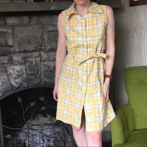 Vintage Linen Blend Shirt Dress Yellow & Green nipped waisted dress